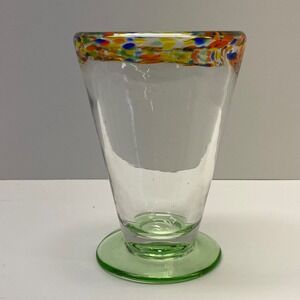Hand Blown Mexican Glass Footed Tumbler Confetti‎ Pebble Rim Green Base